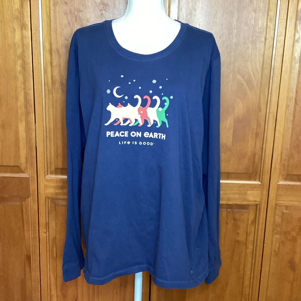 Life Is Good Womens XXL Crusher Tee Tshirt Long Sleeve Cat Peace On Earth Blue